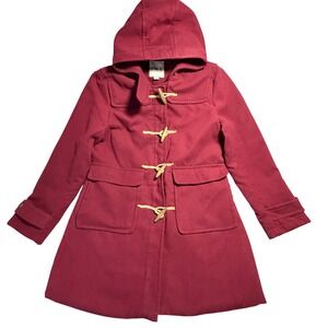 Womens Burgundy Red Hooded Duffle Coat Toggle Zip Front Jacket XL Cabincore Barn
